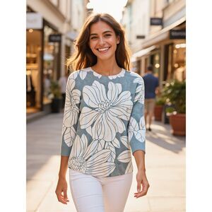 Vila Milano Abstract Floral Geometric Sweater Sage White Super Soft Size Large